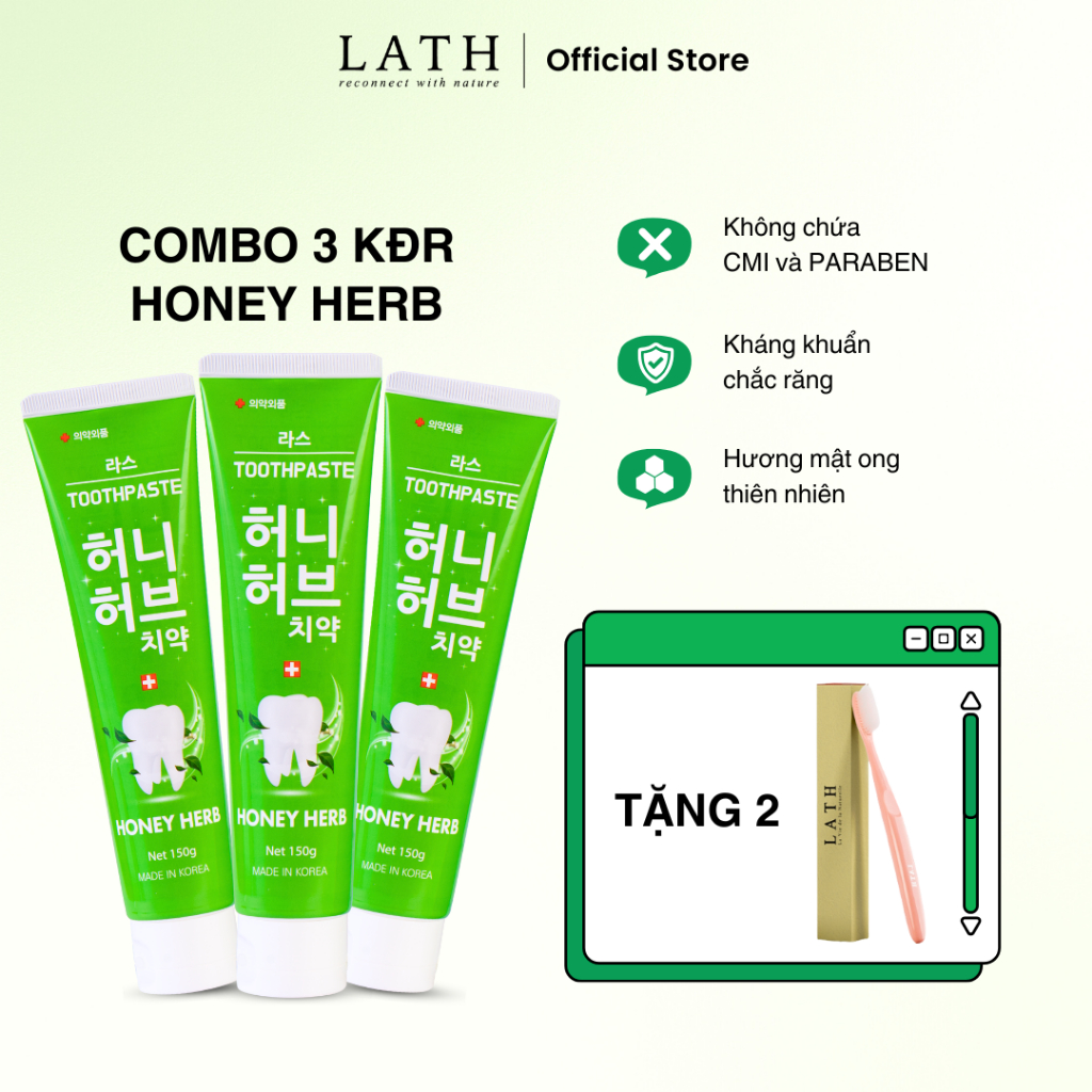 Combo 3 Kem đánh răng Hàn Quốc Lath Honey Herb, giảm mùi hôi miệng, chắc khỏe nướu và răng 150gX3