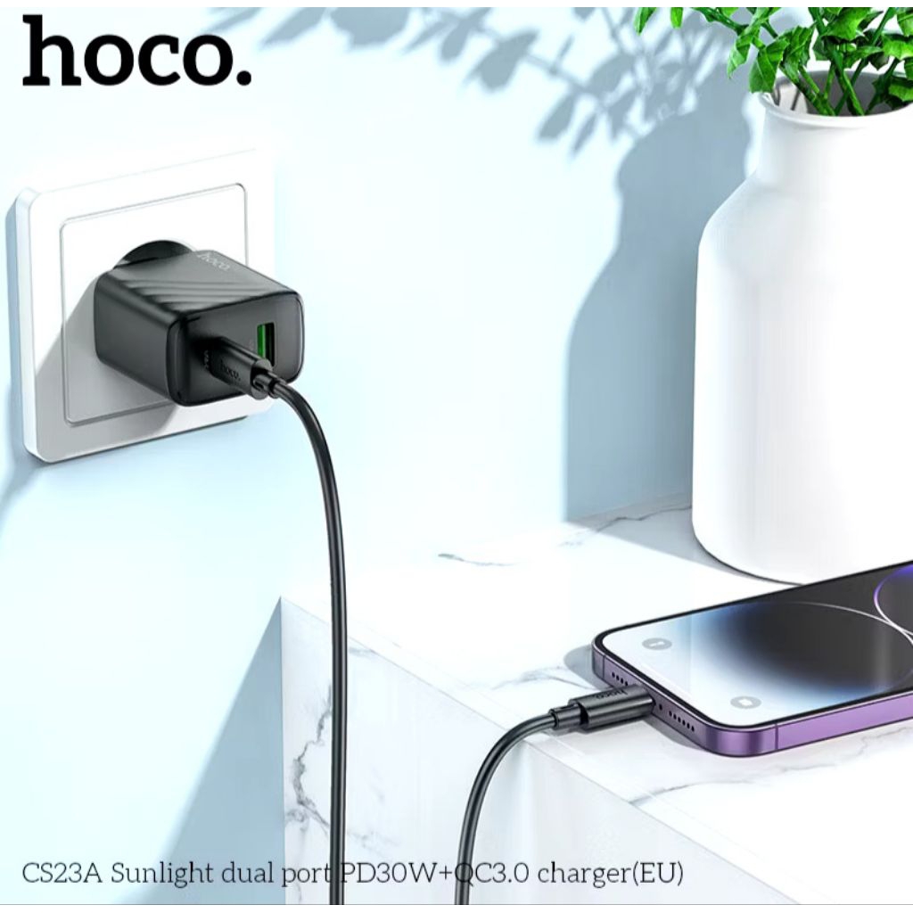 Củ sạc nhanh 30w Hoco CS23A dòng PD30W + QC3.0, cổng Type C và USB, chân cắm tròn