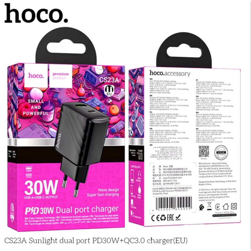 Củ sạc nhanh 30w Hoco CS23A dòng PD30W + QC3.0, cổng Type C và USB, chân cắm tròn