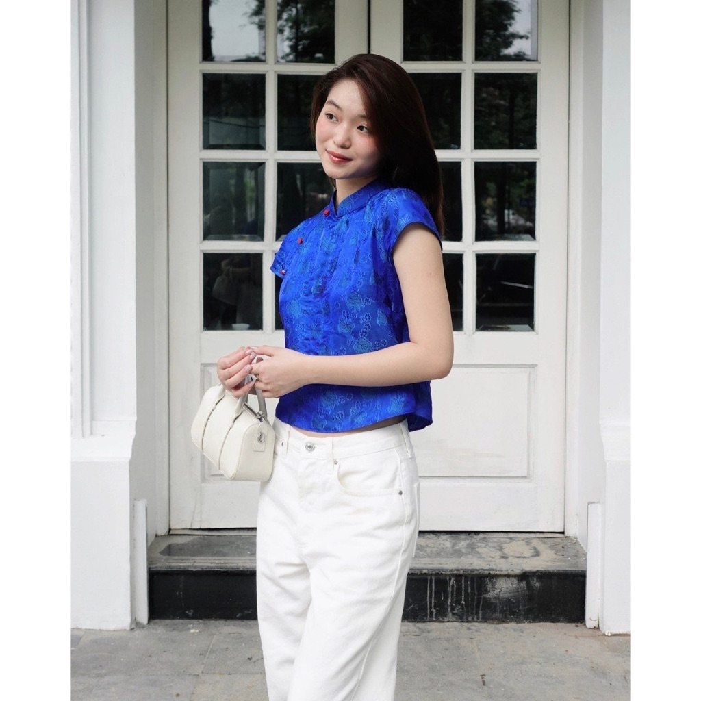 TheBlueTshirt - Áo cánh lụa tơ tằm cách tân nữ cổ áo dài xẻ tà ở eo - Women