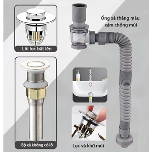 xiphong chậu rửa bát +nắp cống ngăn mùi Bộ lõi xả nhấn cho lavabo kèm xả lật không lỗ và ống thẳng màu xám