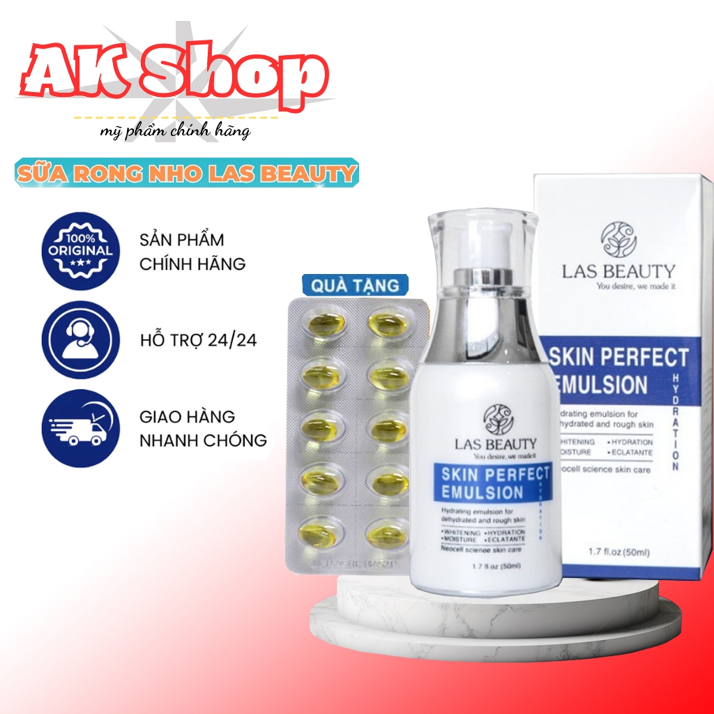 Sữa dưỡng Rong Nho Nhật Bản Las Beauty truyền trắng dưỡng da căng bóng Skin Perfect Emulsion 50ml Tặng kèm vỉ vitamin E