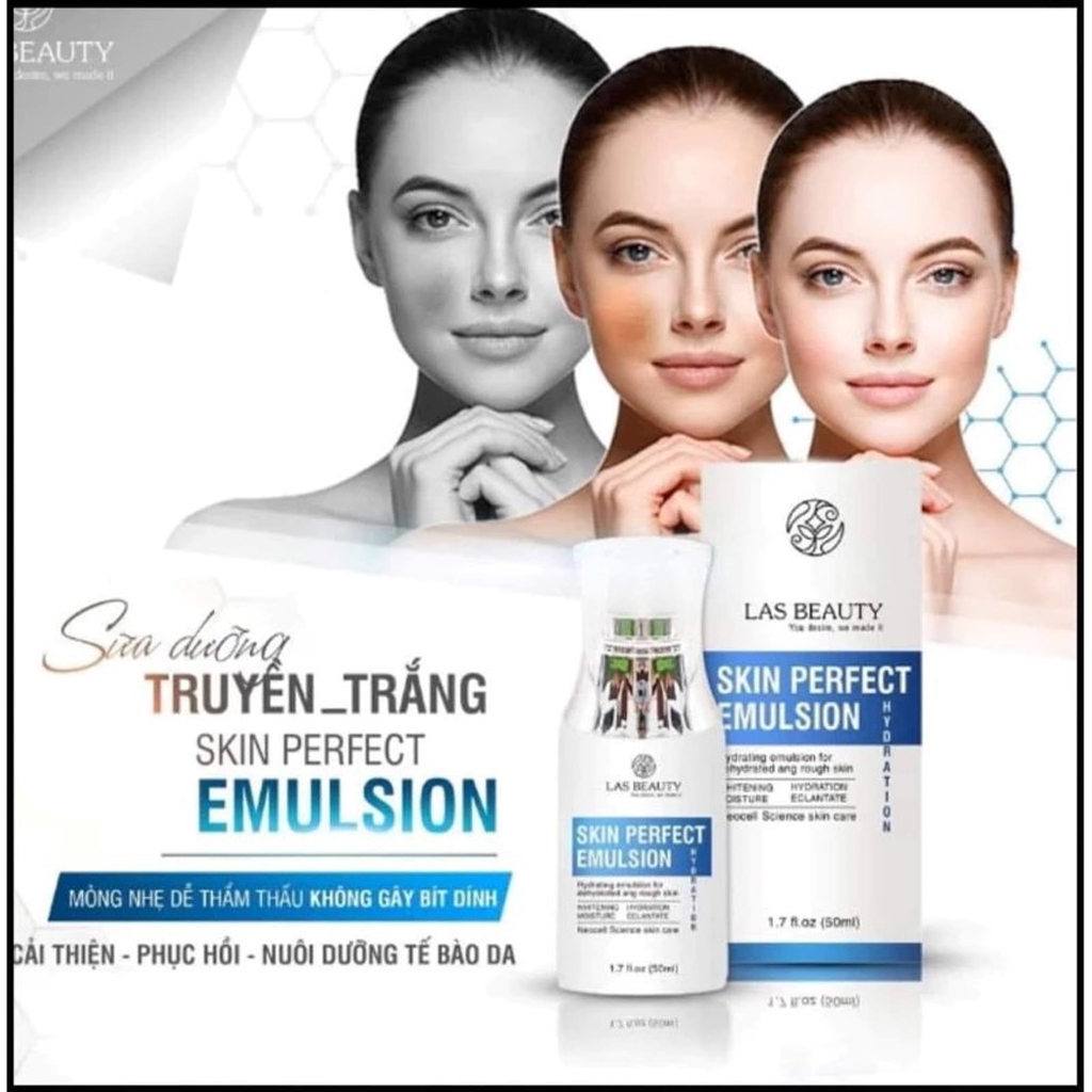 Sữa dưỡng Rong Nho Nhật Bản Las Beauty truyền trắng dưỡng da căng bóng Skin Perfect Emulsion 50ml Tặng kèm vỉ vitamin E