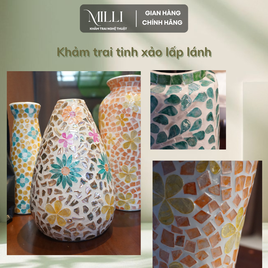 [ĐỘC QUYỀN] Bình hoa khảm trai thủ công cao cấp MILLI – đựng được nước cắm hoa tươi, quà tặng ý nghĩa