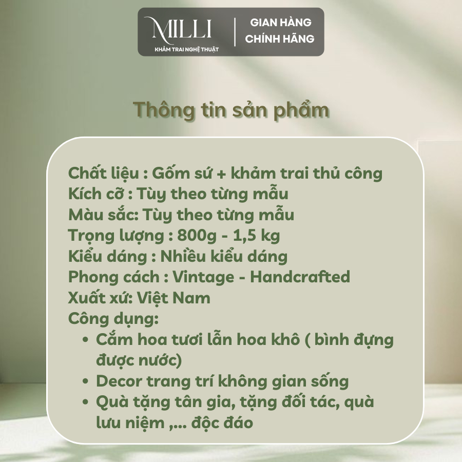 [ĐỘC QUYỀN] Bình hoa khảm trai thủ công cao cấp MILLI – đựng được nước cắm hoa tươi, quà tặng ý nghĩa
