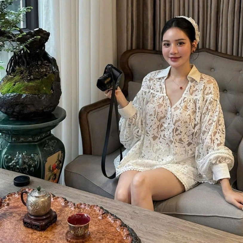 Set Bộ Ren Hoa Nữ Áo Sơ Mi Tay Bồng Kèm Quần, Sét Đồ Bộ Đi Biển Đi Cafe Sang Chảnh Dáng Tiểu Thư - CHAMIE STUDIO