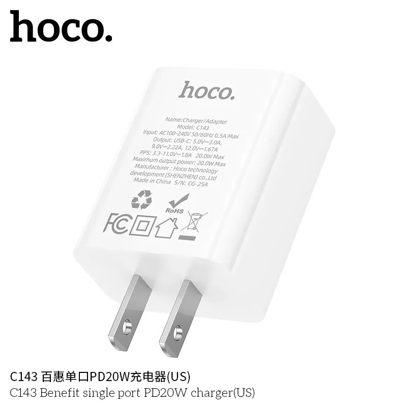 Củ Sạc Nhanh HOCO C143 20W – Hỗ Trợ PD & QC 3.0, Sạc Nhanh Cho iPhone, Android, iPad