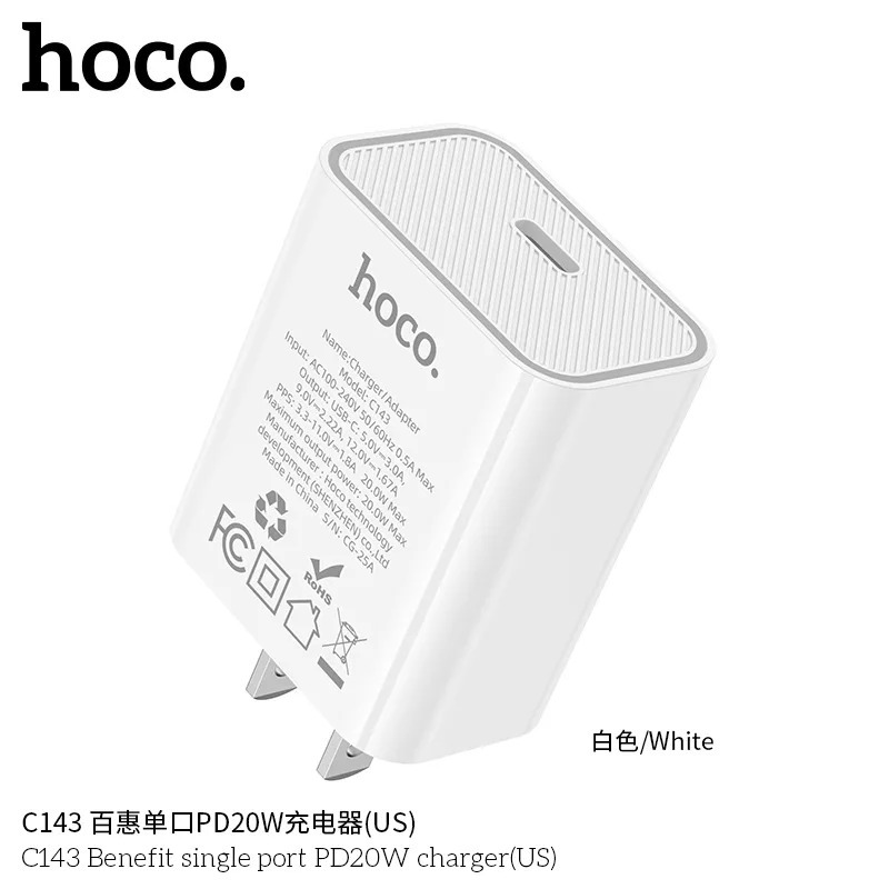 Củ Sạc Nhanh HOCO C143 20W – Hỗ Trợ PD & QC 3.0, Sạc Nhanh Cho iPhone, Android, iPad