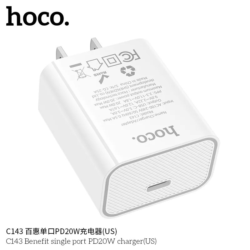 Củ Sạc Nhanh HOCO C143 20W – Hỗ Trợ PD & QC 3.0, Sạc Nhanh Cho iPhone, Android, iPad