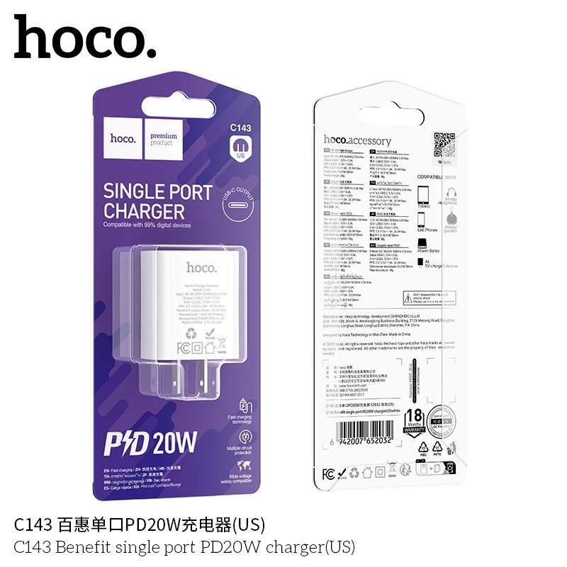 Củ Sạc Nhanh HOCO C143 20W – Hỗ Trợ PD & QC 3.0, Sạc Nhanh Cho iPhone, Android, iPad