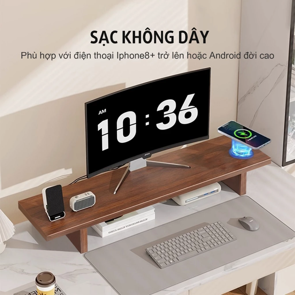 Kệ màn hình máy tính LED sạc không dây USB kệ để máy tính bàn giá đỡ màn hình kê PC gỗ trắng