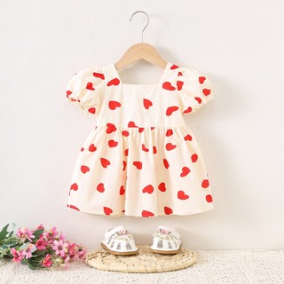 Váy bé gái thô cotton cổ vuông họa tiết trái tim 6th-2 tuổi D1157 Bí Ngô Nhỏ