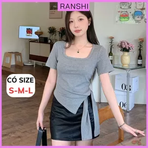 Áo Thun Cộc Tay Vạt Chéo Phối Dây Thắt Eo RANSHI Cổ Vuông Tôn Dáng Chất thun Gân Chính Phẩm - RA319