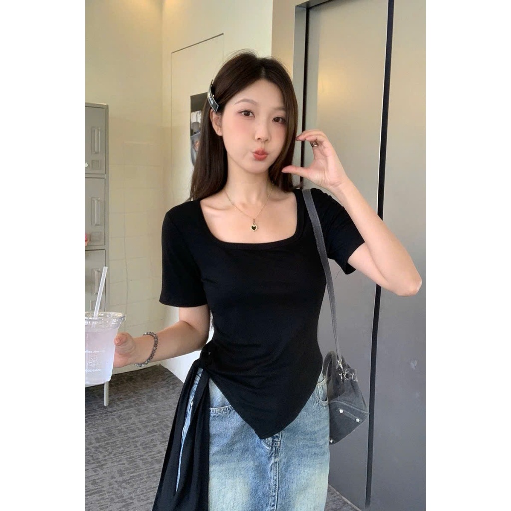 [CÓ SIZE] Áo Thun Cộc Tay Vạt Chéo Phối Dây Thắt Eo RANSHI Cổ Vuông Tôn Dáng Chất thun Gân Chính Phẩm - RA319