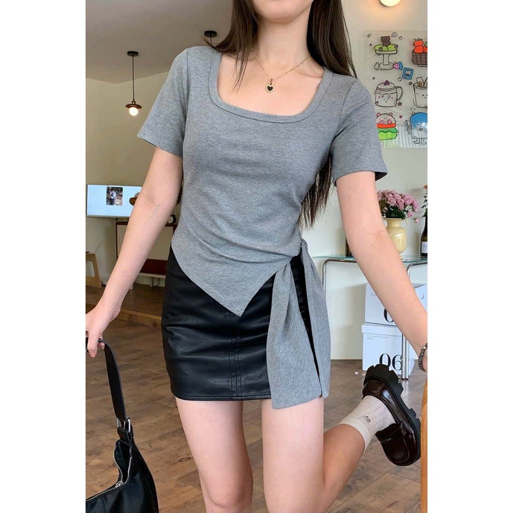 [CÓ SIZE] Áo Thun Cộc Tay Vạt Chéo Phối Dây Thắt Eo RANSHI Cổ Vuông Tôn Dáng Chất thun Gân Chính Phẩm - RA319