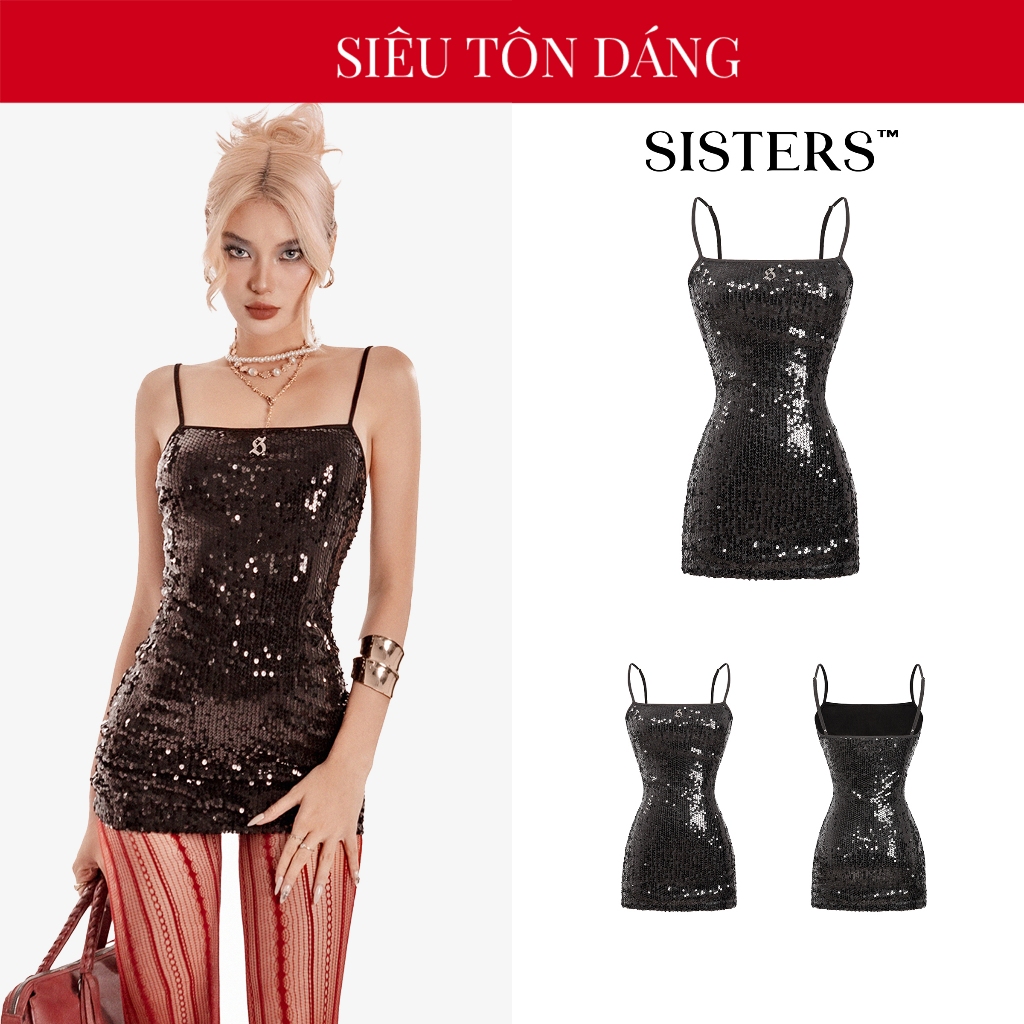 Đầm body nữ hai dây kim sa cổ vuông SISTERS màu đen lấp lánh thiết kế logo inox sang trọng siêu tôn dáng Laris | SS-D55