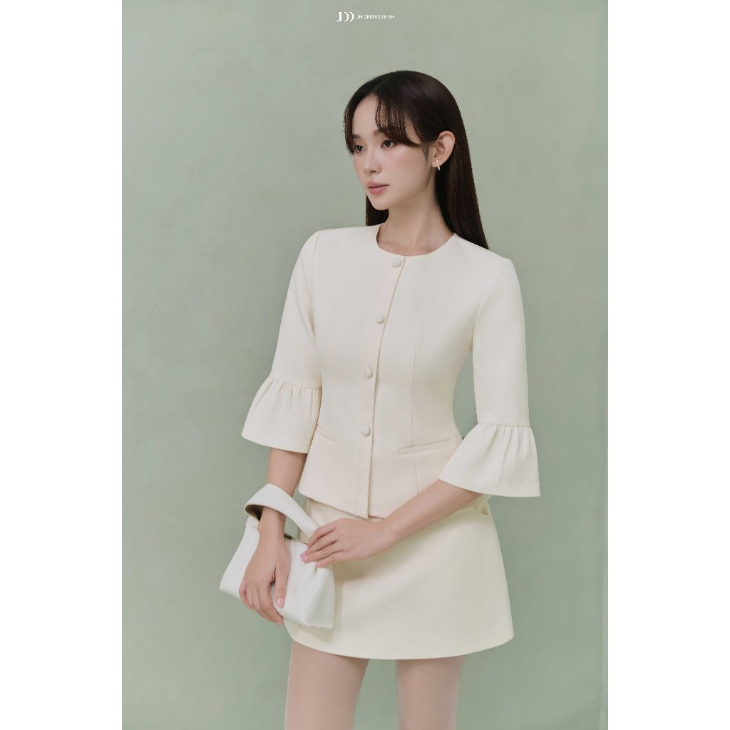 Set Áo Cổ Tròn Cúc Tay Loe 2T37.2507K + Chân Váy Có Đai 4S23.2507K – Set Matching Công Sở Thanh Lịch Thiết Kế Bởi JM