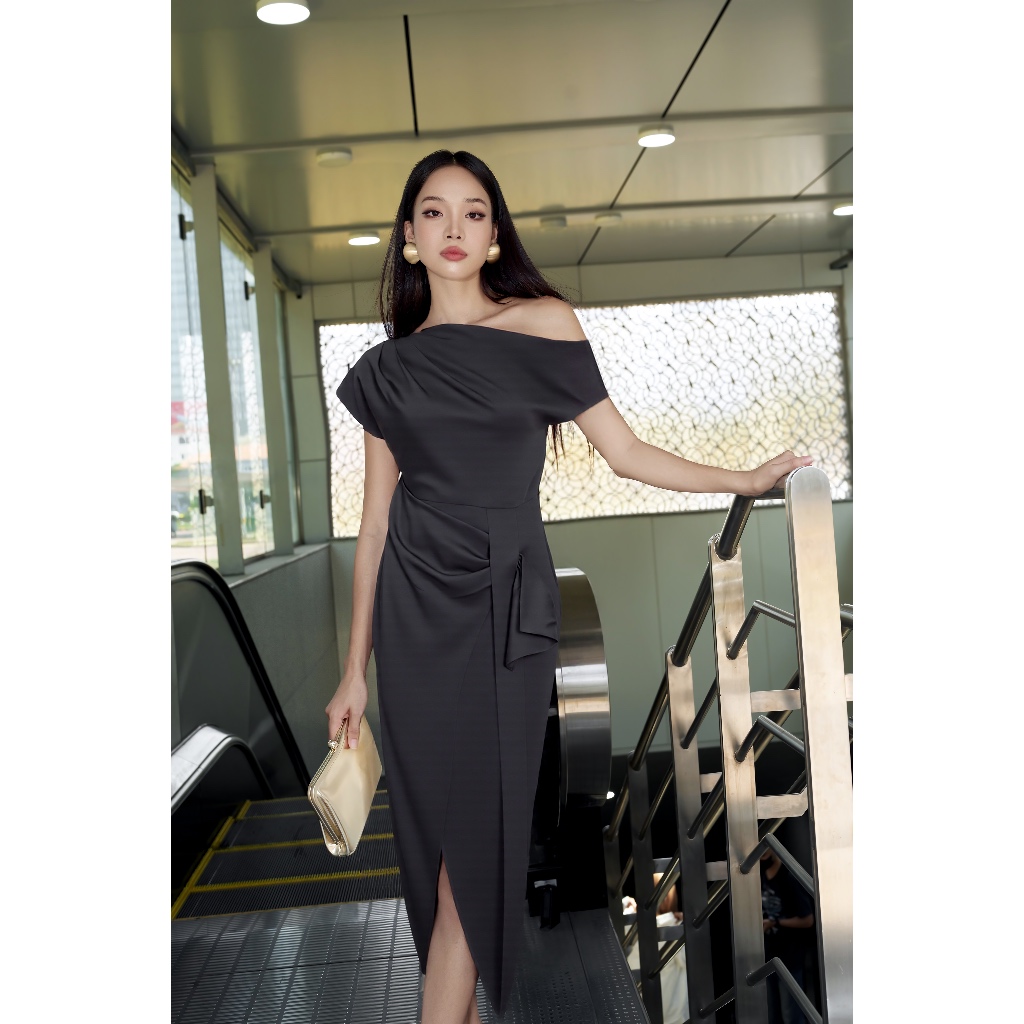 Đầm dạ tiệc lệch vai phối nơ 3D che bụng tôn dáng sang trọng – Vella Fashion VD25016