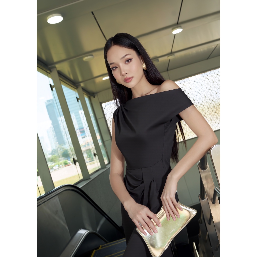 Đầm dạ tiệc lệch vai phối nơ 3D che bụng tôn dáng sang trọng – Vella Fashion VD25016