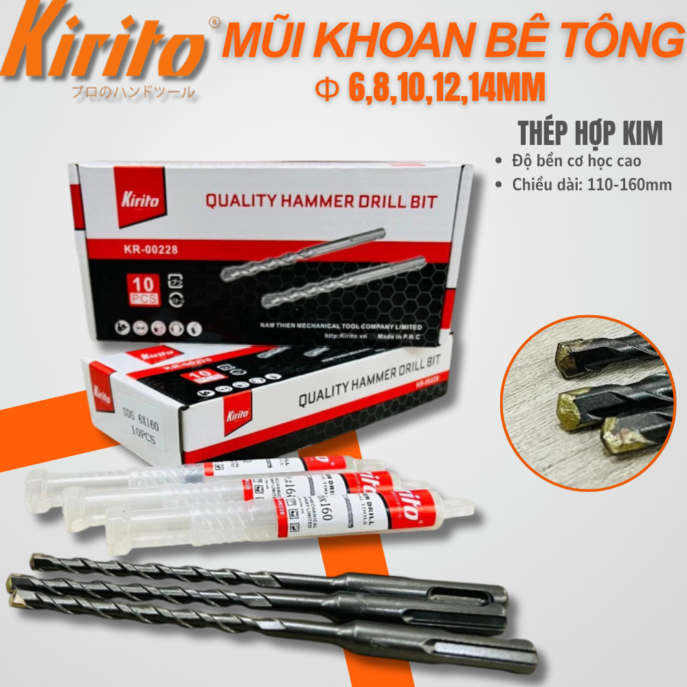 Bộ Mũi Khoan Bê Tông Kirito 6-8-10-12-14mm Chính Hãng, Thép Hợp Kim Siêu Bền