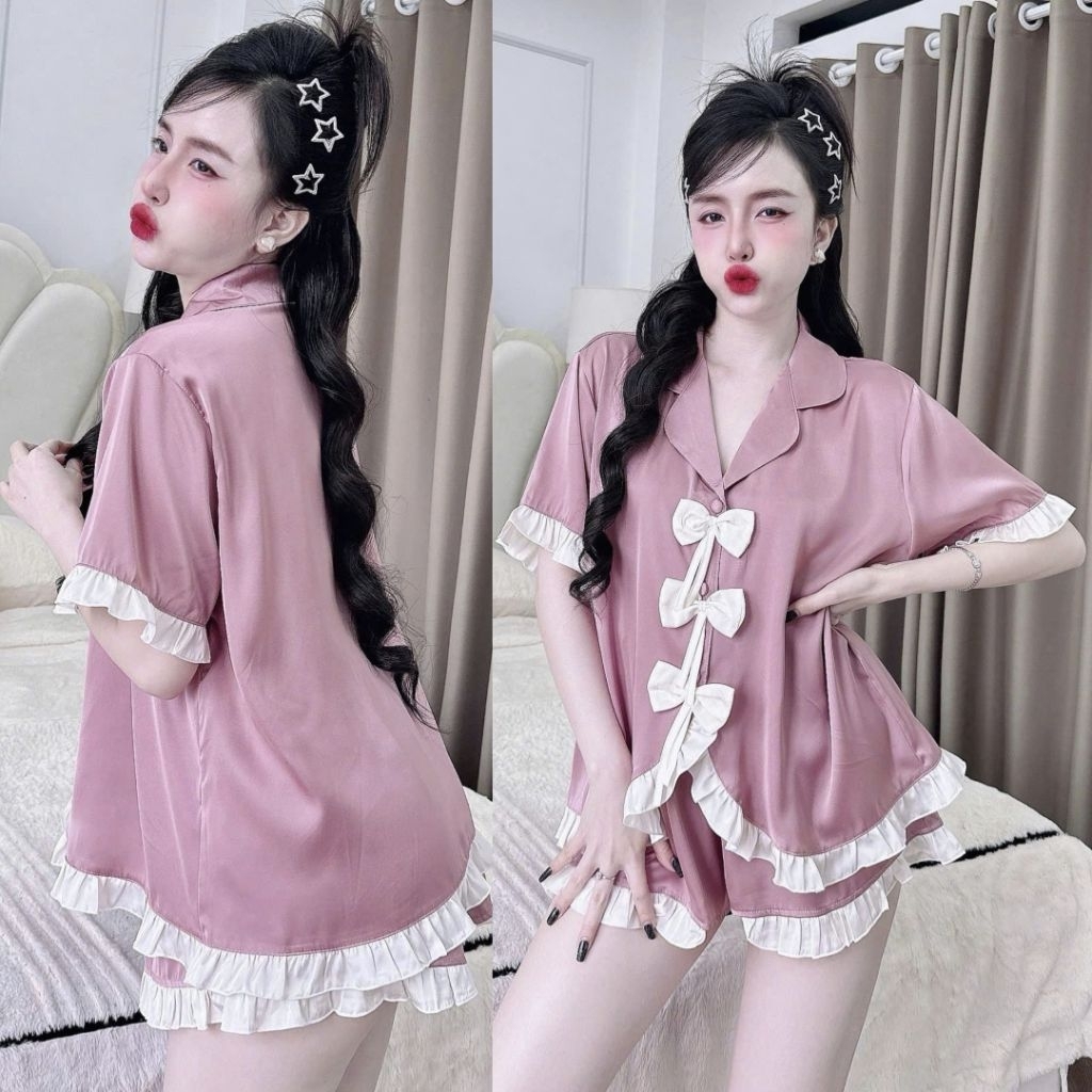 Đồ Bộ Lụa Latin Feesize Dưới 65Kg Tay Ngắn Quần Đùi - Mẫu Áo Sơ Mi Viền Bèo 3 Nơ Đồ Bộ Nữ Mặc Nhà