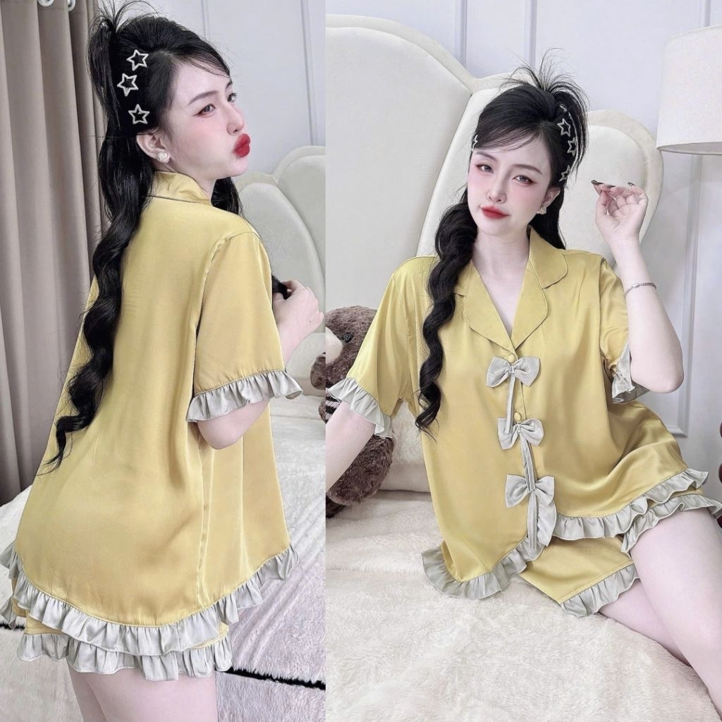 Đồ Bộ Lụa Latin Feesize Dưới 65Kg Tay Ngắn Quần Đùi - Mẫu Áo Sơ Mi Viền Bèo 3 Nơ Đồ Bộ Nữ Mặc Nhà