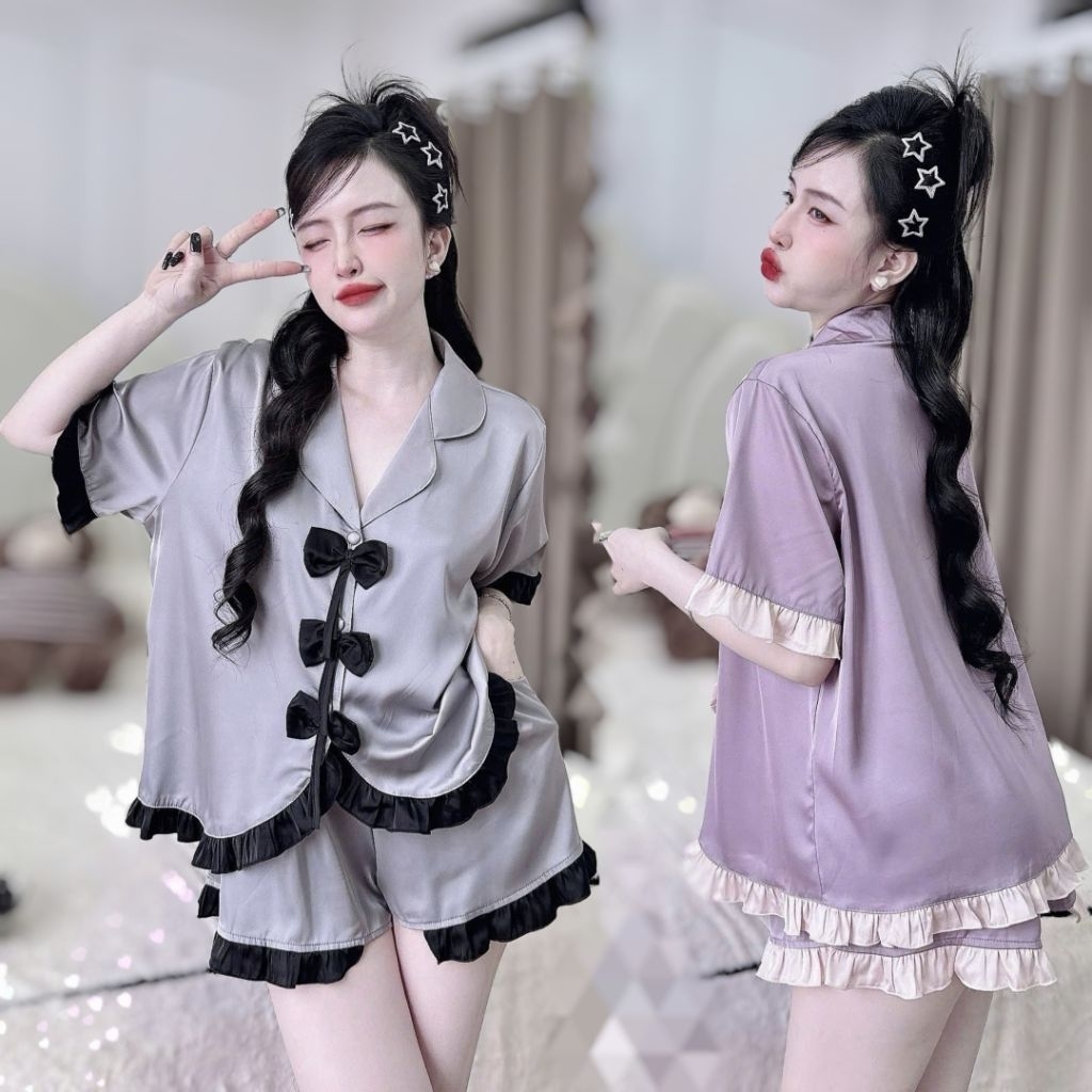 Đồ Bộ Lụa Latin Feesize Dưới 65Kg Tay Ngắn Quần Đùi - Mẫu Áo Sơ Mi Viền Bèo 3 Nơ Đồ Bộ Nữ Mặc Nhà