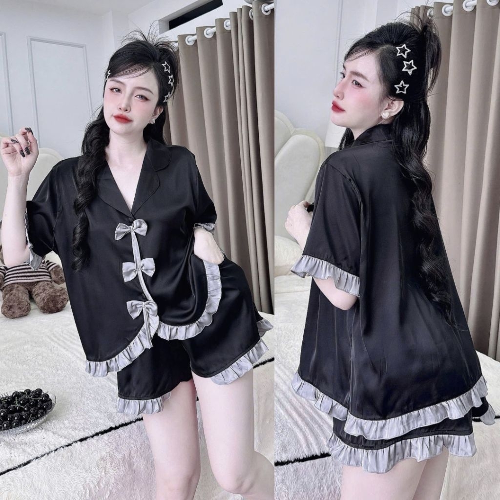 Đồ Bộ Lụa Latin Feesize Dưới 65Kg Tay Ngắn Quần Đùi - Mẫu Áo Sơ Mi Viền Bèo 3 Nơ Đồ Bộ Nữ Mặc Nhà