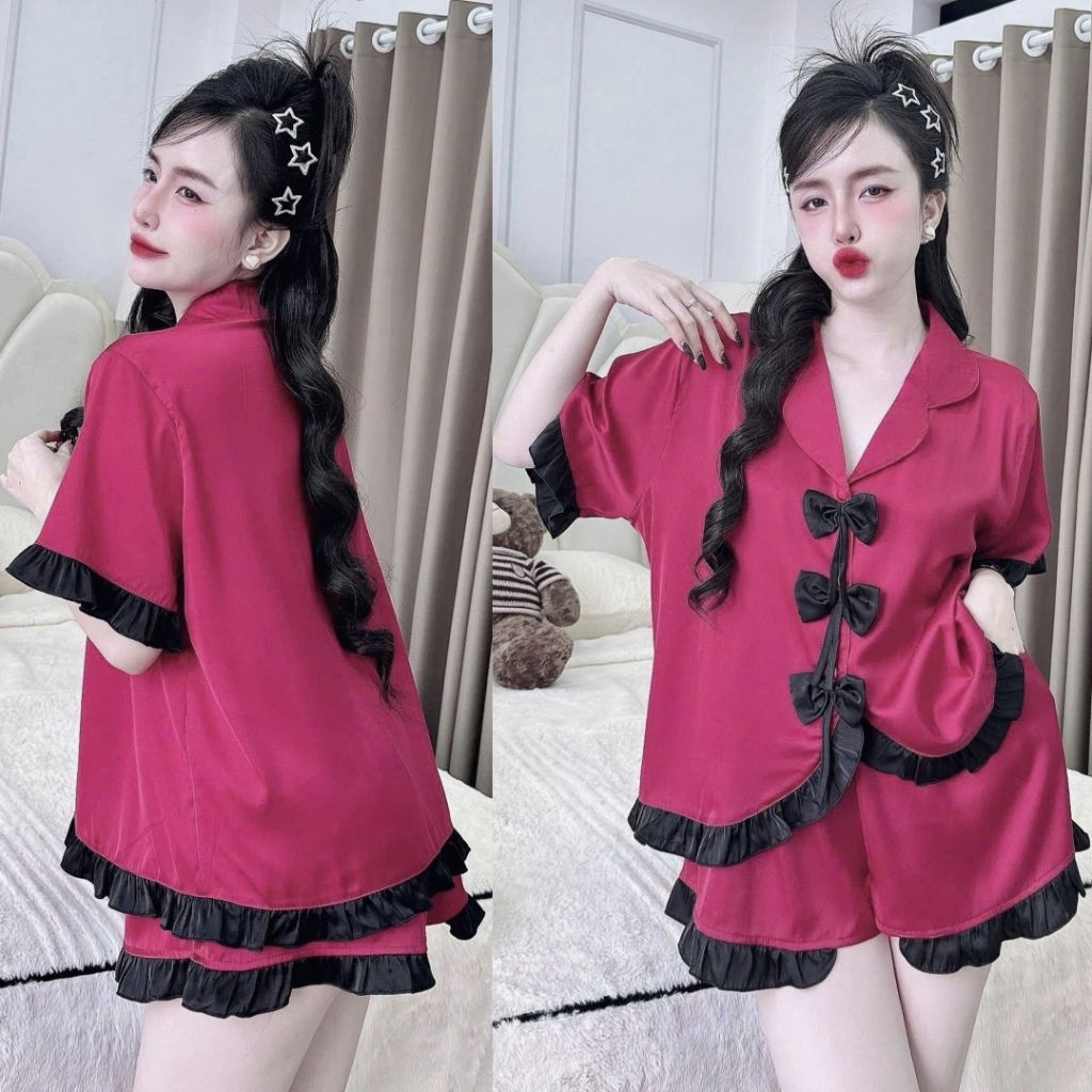 Đồ Bộ Lụa Latin Feesize Dưới 65Kg Tay Ngắn Quần Đùi - Mẫu Áo Sơ Mi Viền Bèo 3 Nơ Đồ Bộ Nữ Mặc Nhà