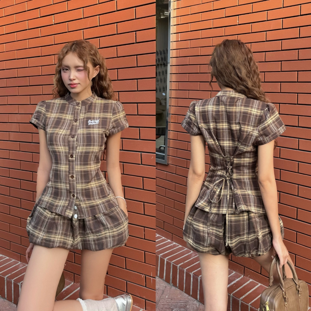 Áo sơ mi Caro chiết eo ôm tôn dáng đằng sau Thêu GIRL FRIEND FFCLUB