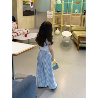 [B&G] Sét bộ tiểu thư áo cotton trắng kèm quần suông dài caro xanh cho bé gái từ 12-45kg(2-12 tuổi)