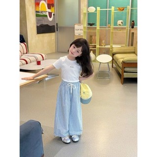[B&G] Sét bộ tiểu thư áo cotton trắng kèm quần suông dài caro xanh cho bé gái từ 12-45kg(2-12 tuổi)
