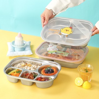 Khay cơm văn phòng Inox 304 , khay inox 304 đựng thức ăn chia ngăn kèm nắp đậy họa tiết dễ thương