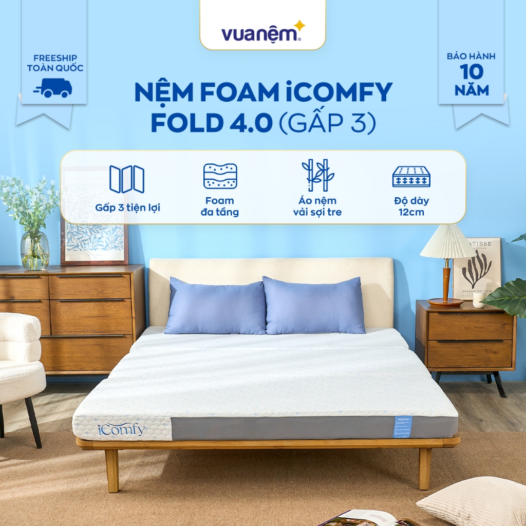 [ĐƠN 10TR TẶNG 1 BỘ CHĂN BÉ] Nệm gấp gọn Foam iComfy Fold 4.0 - Nệm Gấp 3 Tiện Lợi, Nệm Đa Tầng, Nệm Trợ Lực
