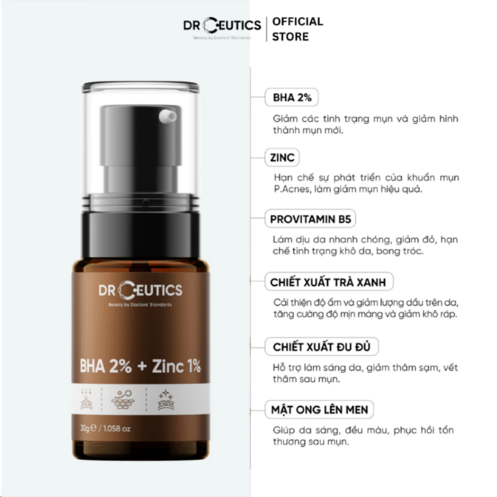 Serum Kẽm BHA 2% + ZinC 1% DrCeutics giảm mụn và giảm tiết dầu - 30g/40g