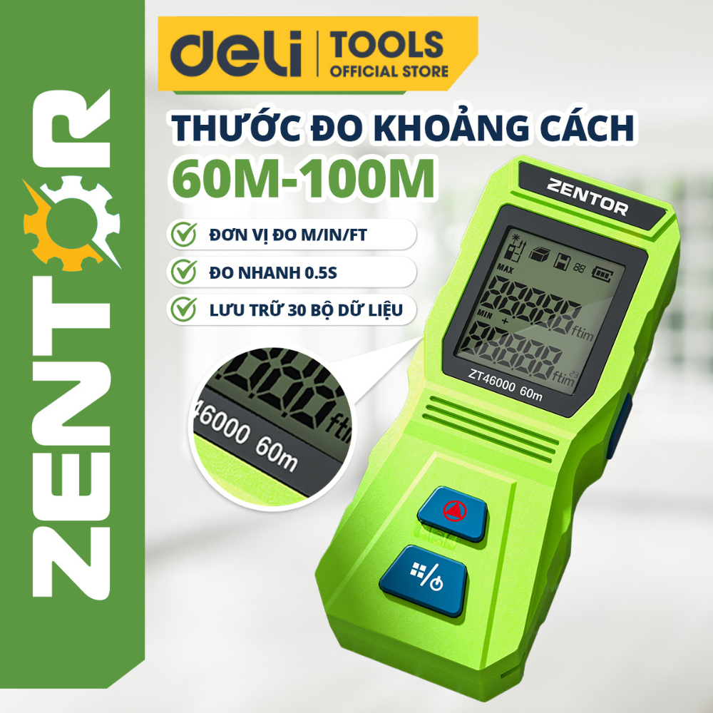 Thước đo khoảng cách laser 60/100m Chính Hãng Deli Zentor Máy đo đa năng bỏ túi nhỏ gọn