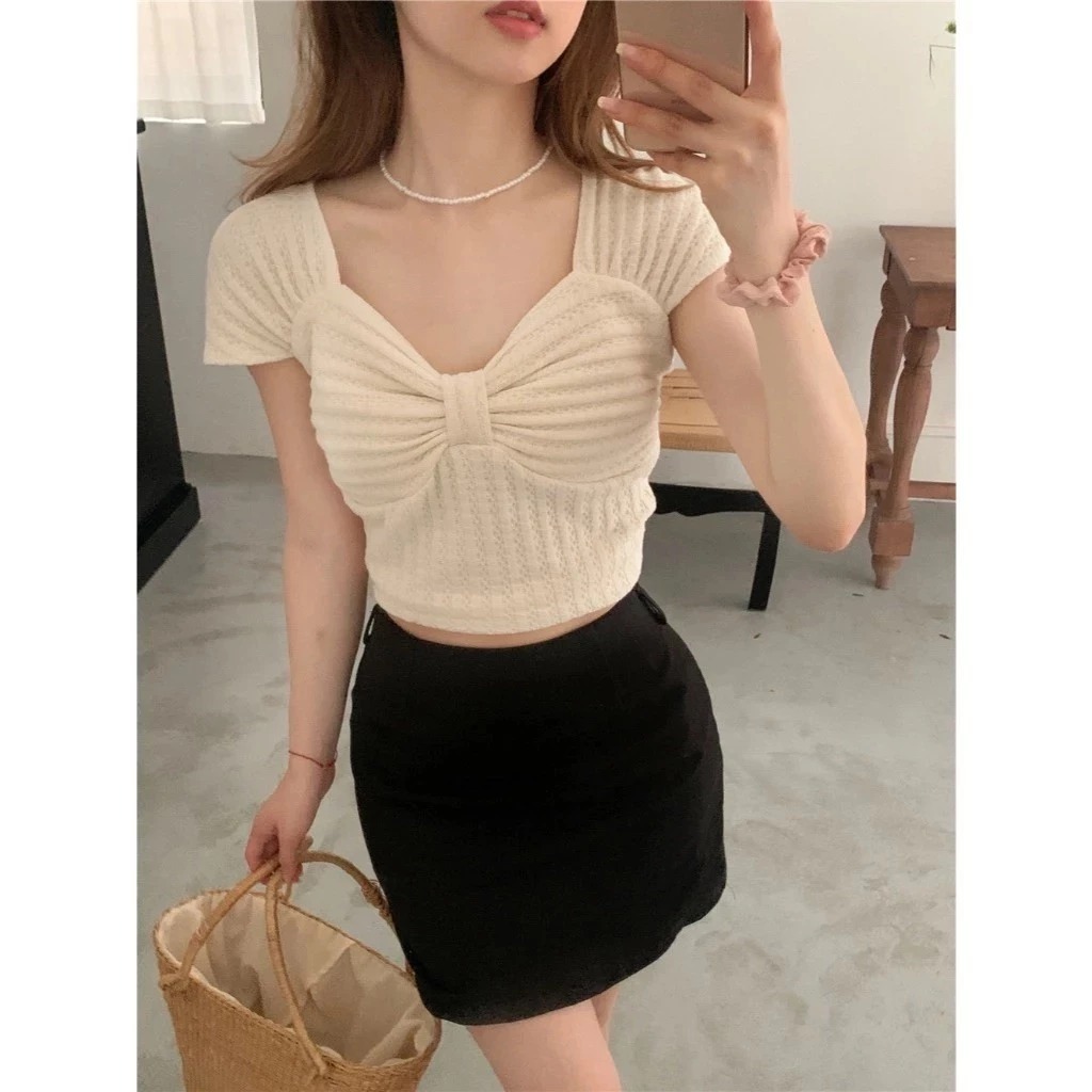 Áo croptop nữ sang chảnh phối cổ vuông rúm ngực siêu hottend 2025-Áo croptop nữ fresize 38-52kg