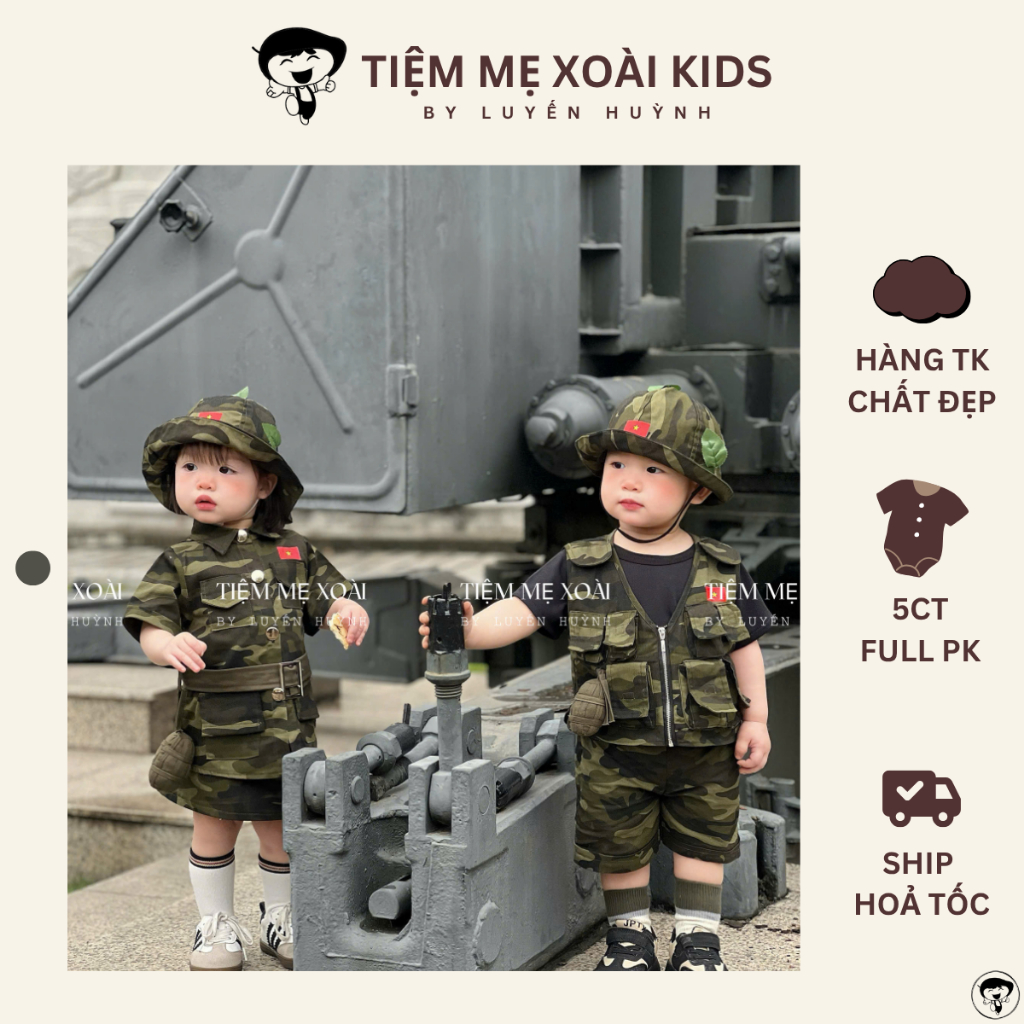 (HỎA TỐC HCM)Set đồ 5 Chi tiết rằn ri chú bộ đội cho bé trai & bé gái ...