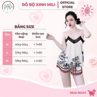 Đồ Bộ Nữ Mặc Nhà, Đồ Ngủ Lụa Latin Cao Cấp MiLi – Áo 2 Dây Phối Ren Xếp Ly, Quần Đùi Thắt Nơ Có Túi