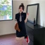 Đầm Sơ Mi Phối Cà Vạt Caro Tay Ngắn Form Dáng Basic Năng Động Thêu Tim Trên Ngực