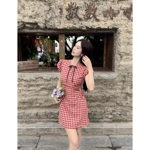 Đầm Kẻ Sọc Đỏ Cut Eo Thắt Nơ Tay Bồng Ngọt Ngào Váy Ngắn Chữ A Phong Cách Hàn Quốc
