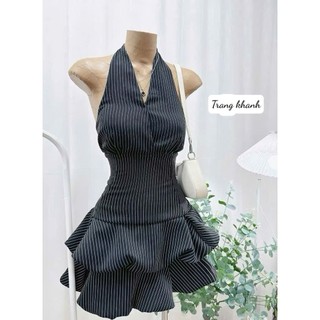 Váy cổ yếm ké sọc chiết eo ôm sát body chân váy nhún bèo bồng xòe xinh xắn tiểu thư cho nàng đi chơi – BaoTrang.clothes