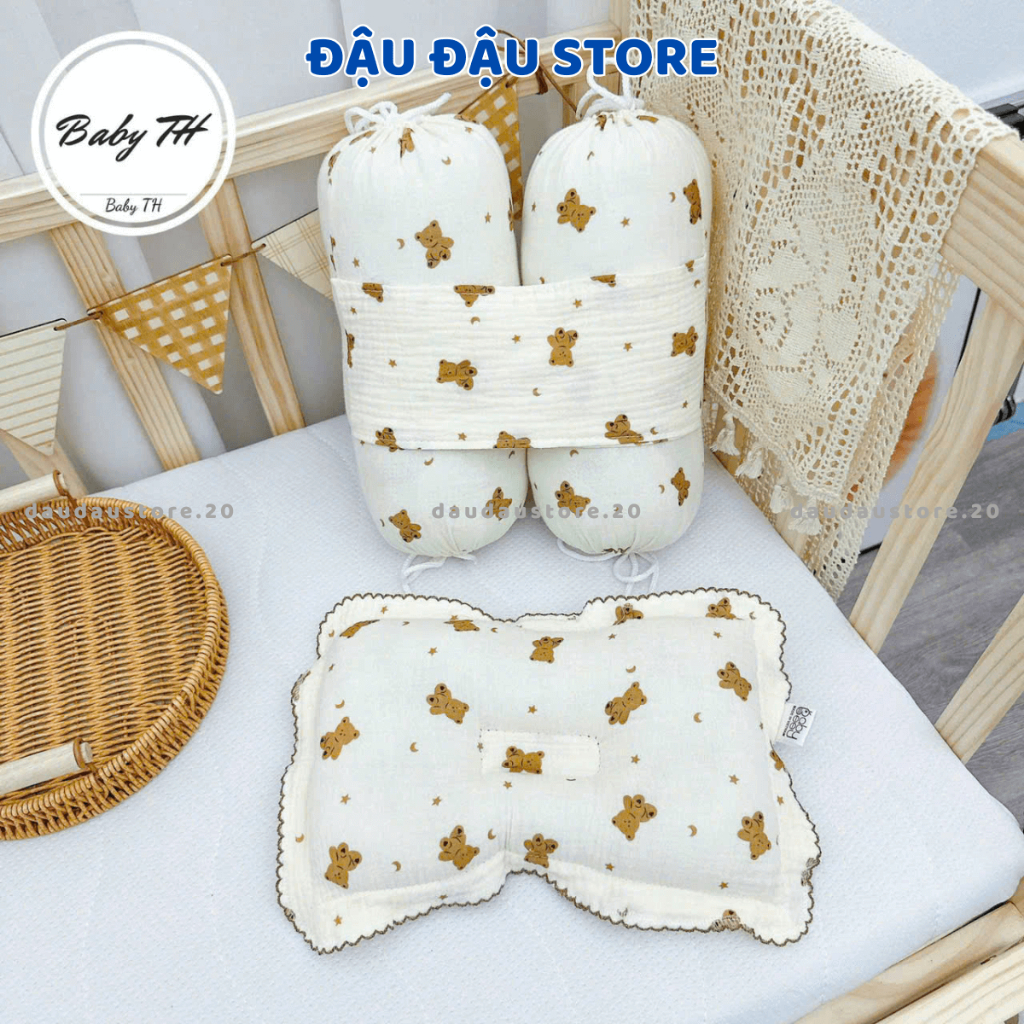 Bộ gối chặn và gối chống lõm đầu vải xô Muslin cho bé sơ sinh - Bộ chẹn chống giật mình cho bé - Đậu Đậu Store