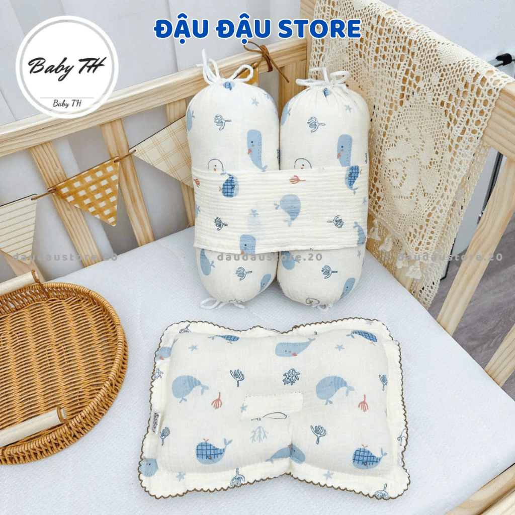 Bộ gối chặn và gối chống lõm đầu vải xô Muslin cho bé sơ sinh - Bộ chẹn chống giật mình cho bé - Đậu Đậu Store
