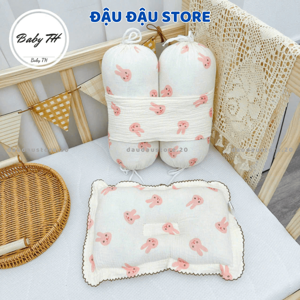 Bộ gối chặn và gối chống lõm đầu vải xô Muslin cho bé sơ sinh - Bộ chẹn chống giật mình cho bé - Đậu Đậu Store