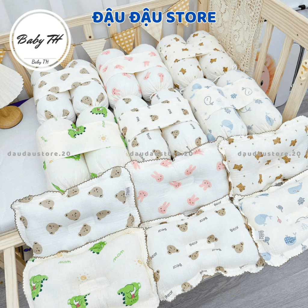 Bộ gối chặn và gối chống lõm đầu vải xô Muslin cho bé sơ sinh - Bộ chẹn chống giật mình cho bé - Đậu Đậu Store