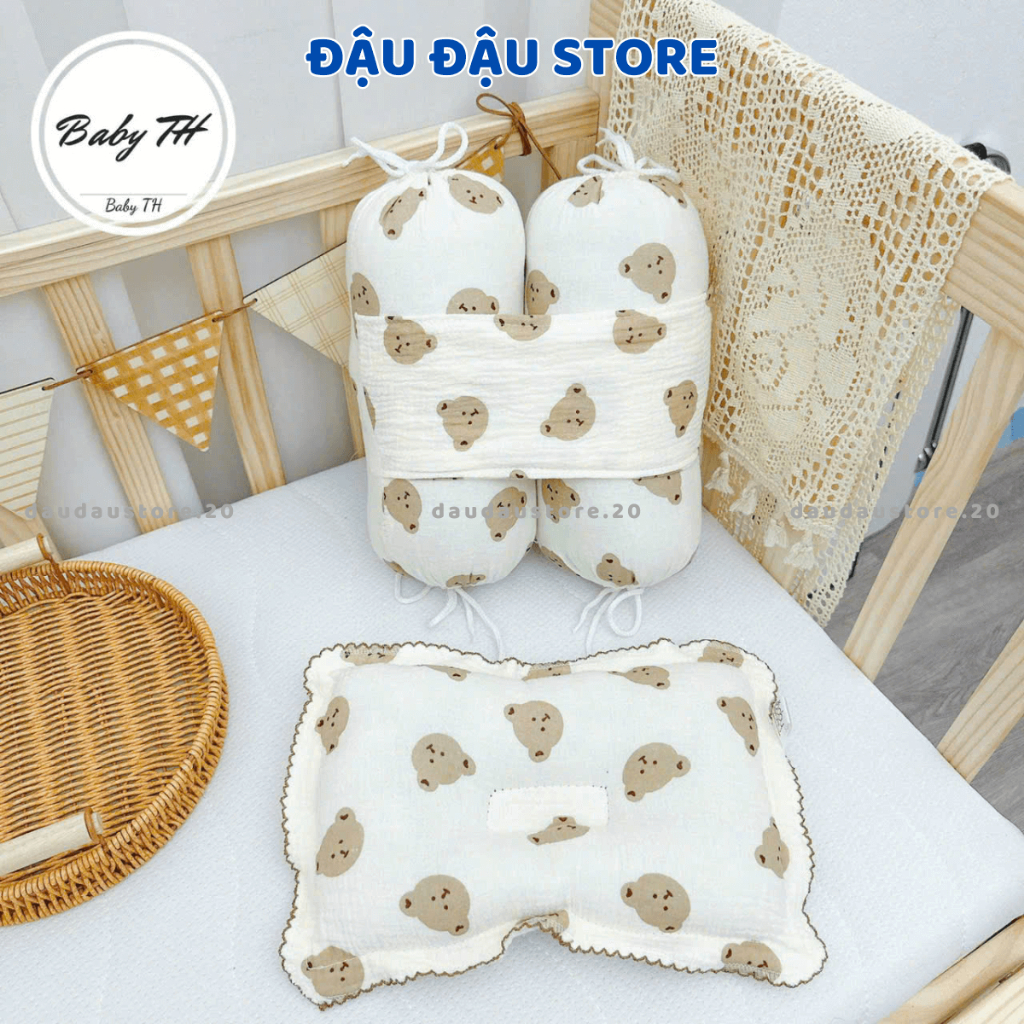 Bộ gối chặn và gối chống lõm đầu vải xô Muslin cho bé sơ sinh - Bộ chẹn chống giật mình cho bé - Đậu Đậu Store