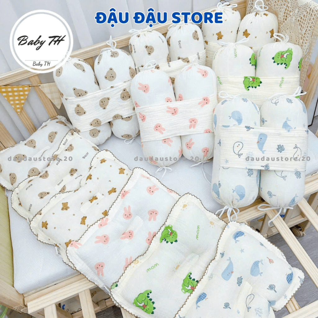 Bộ gối chặn và gối chống lõm đầu vải xô Muslin cho bé sơ sinh - Bộ chẹn chống giật mình cho bé - Đậu Đậu Store