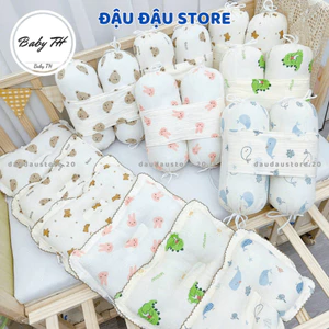 Bộ gối chặn và gối chống lõm đầu vải xô Muslin cho bé sơ sinh - Bộ chẹn chống giật mình cho bé - Đậu Đậu Store