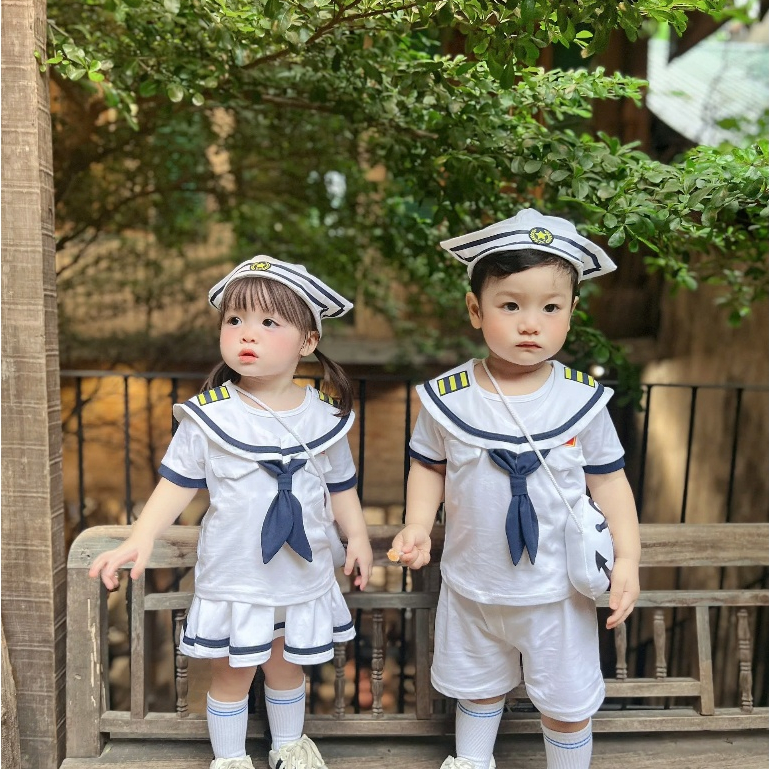 Sẵn Ship- Hỏa Tốc- Set Thủy Quân quốc khánh 2 tháng 9 tặng kèm Tất, mũ, túi đeo chéo cho bé trai, gái size 3-14kg, body